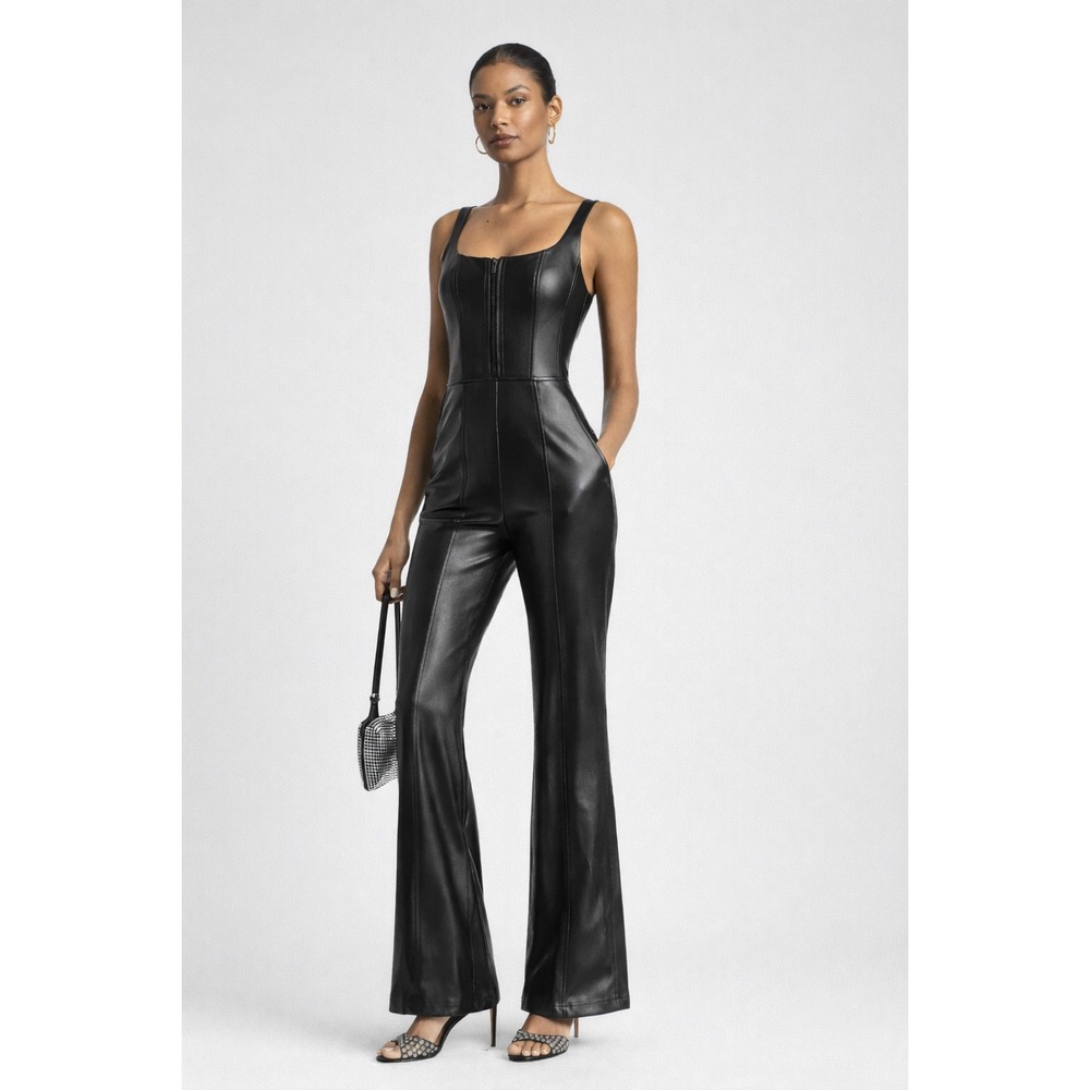 Alice + Olivia Black Faux Leather Corset Jumpsuit Wide Leg Sleeveless Hook Eye 4